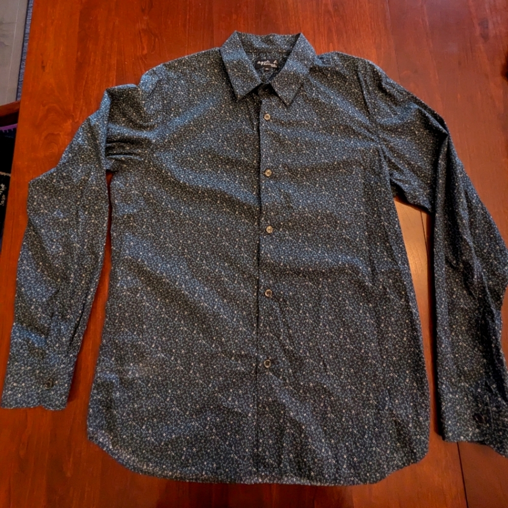 Agnès B. Paris men's button down cotton shirt, blue floral, size 44 (XL)